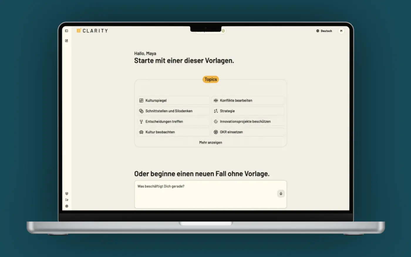 Clarity Guide: Startbildschirm mit Themenvorlagen wie Kulturspiegel, Konflikte bearbeiten, Strategie und OKR einsetzen